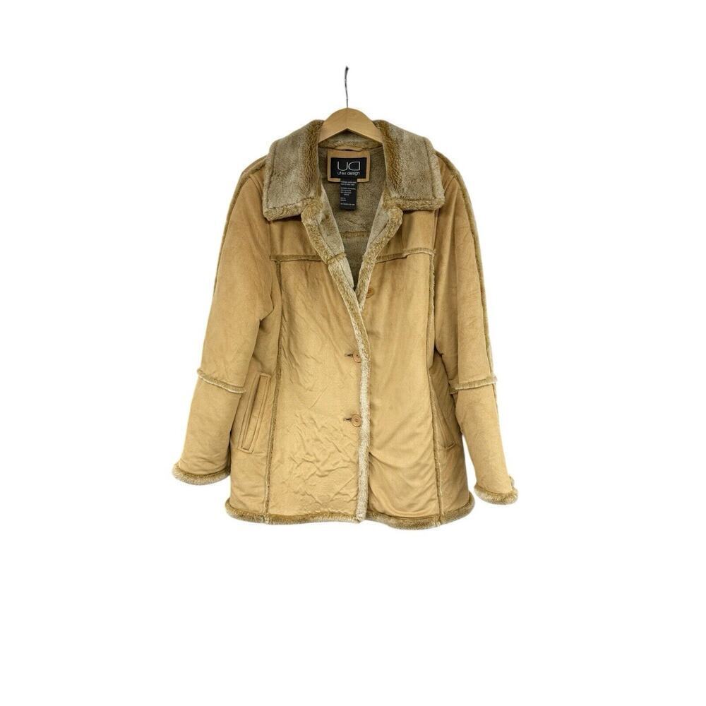 UD Utex Vegan Tan Faux Suede Leather Fur Coat Hooded Shawl Collar Womens Large
